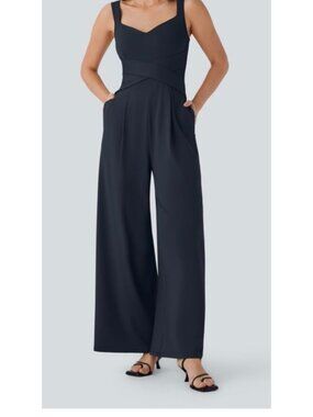 NEW Halara U Back Sleeveless Casual Jumpsuit Sz S Sapphire Blue Wide Leg Pockets